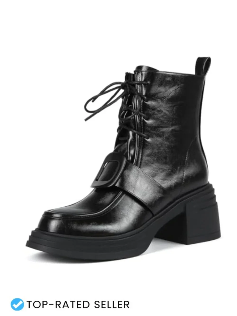 Women's Round Toe Lace Up Combat Ankle Boots Chunky Platform Heel Faux Leather